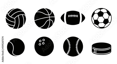Sports Equipment Silhouettes: A minimalist set of athletic gear silhouettes, featuring volleyball, basketball, football, soccer ball, tennis ball, bowling ball, baseball and hockey puck.