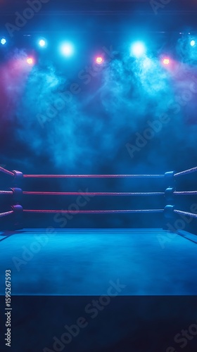Blue light illuminates the empty boxing ring ropes above the canvas floor