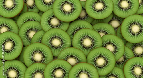 A vibrant and refreshing image of numerous kiwi fruit slices, arranged in a captivating pattern, showcasing their bright green color and juicy texture.
