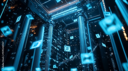 Digital banking with virtual money transactions in a futuristic architectural design