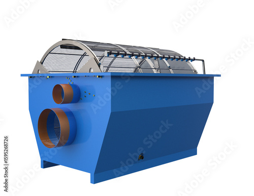 Industrial rotary drum filter/screen for wastewater treatment or liquid-solid separation, showcasing advanced filtration technology. High-resolution 3D render on a PNG Transparent HD Background,