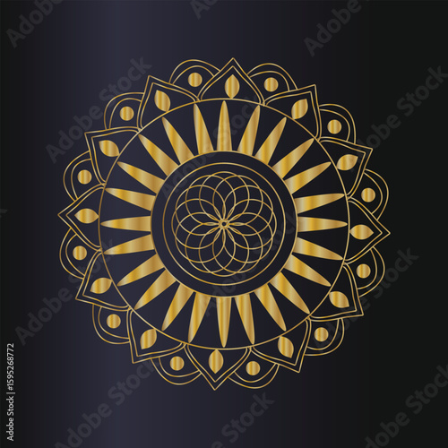 Intricate golden mandala design with geometric patterns on dark background