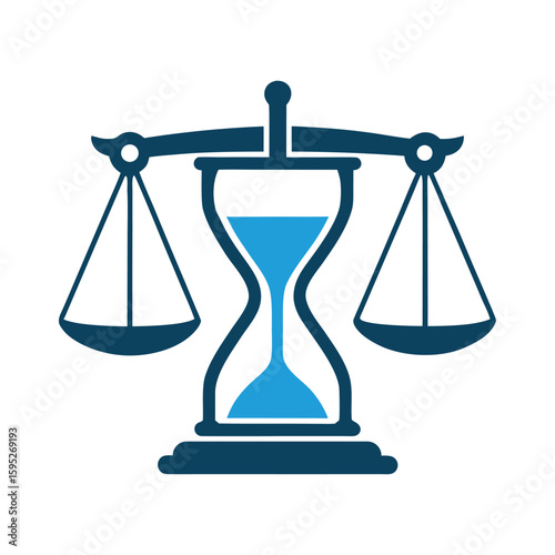 Blue and dark blue hourglass balanced on scales graphic time justice