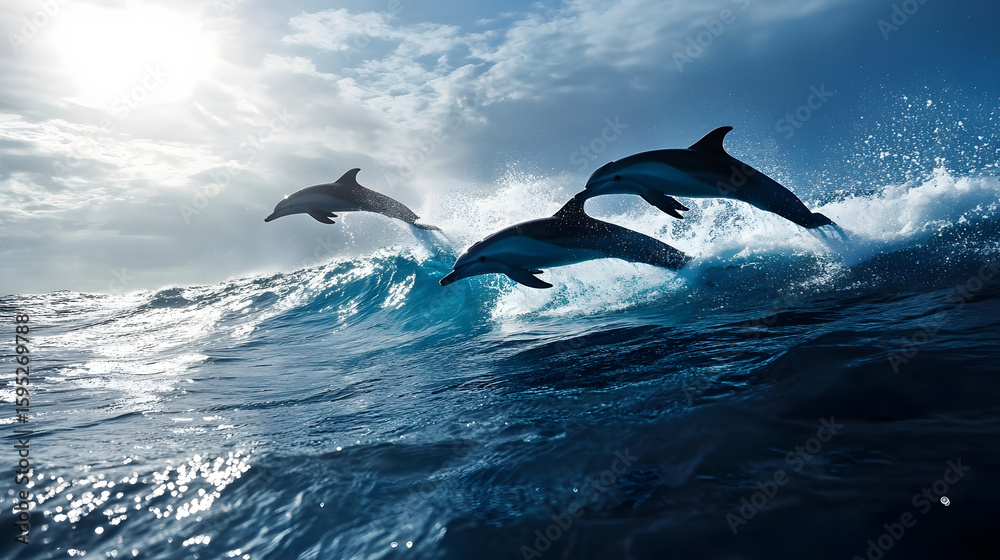Fototapeta premium A pod of dolphins leaping over crystal-clear ocean waves.