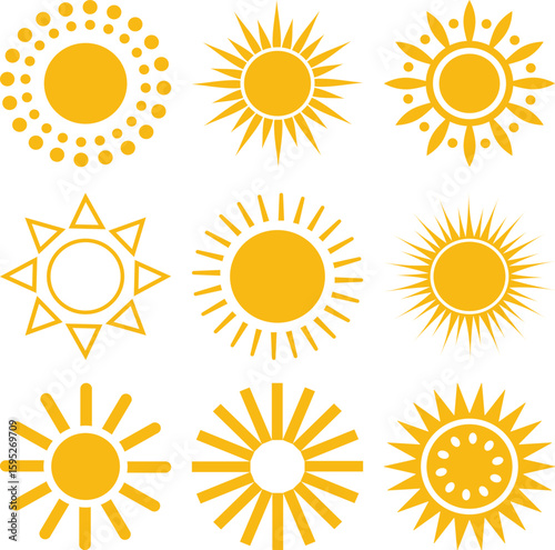 Collection of yellow sun icon designs in various geometric and artistic styles