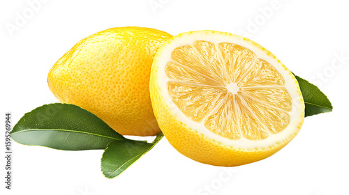 Fresh Lemons Isolated With Green Leaves Representing Citrus Fruit And Vitamin C Source