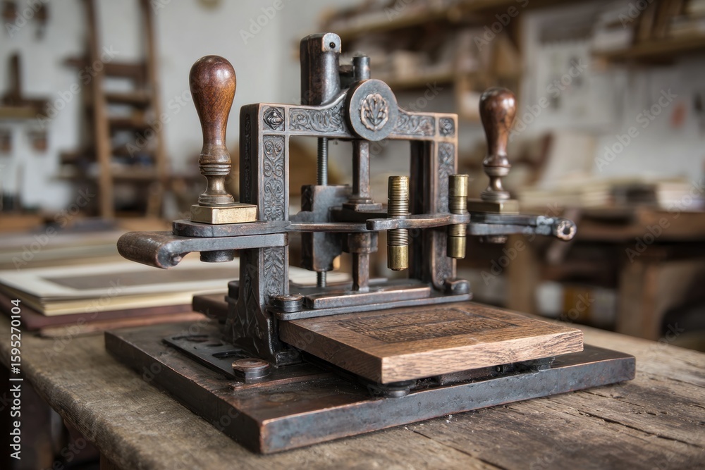Fototapeta premium Antique printing press on wooden workbench