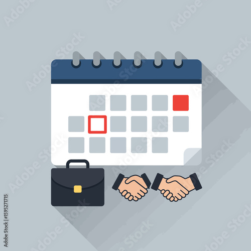 A flat vector illustration depicts a calendar with marked dates, a briefcase, and a handshake, representing business appointments and agreements on a neutral background.