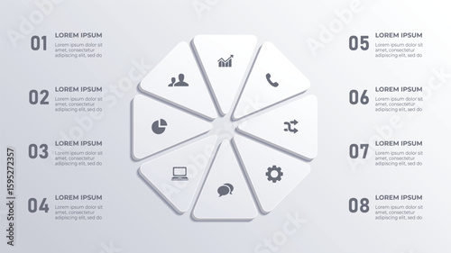 White 3D Circular 8 Step Business Timeline Infographic – Vector Diagram and Concept Template on White Background