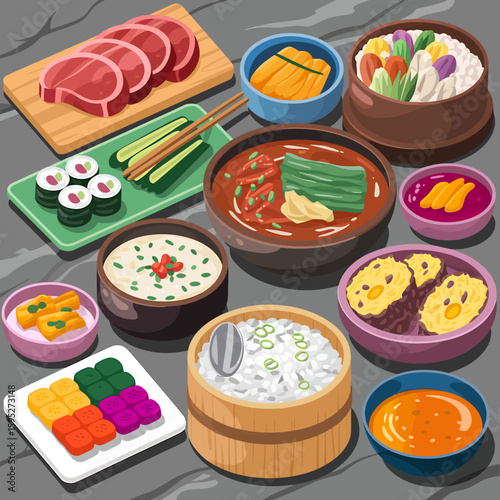 A vibrant assortment of delicious korean food dishes