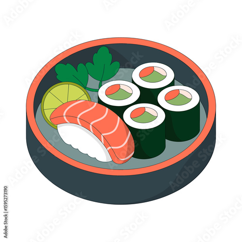 Delicious salmon nigiri and sushi rolls in a round bowl