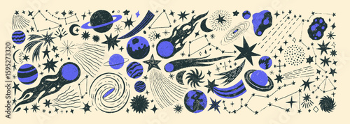 Vintage crayon drawn stars, comets, planets and asteroids collection. Childish drawing cosmic illustration. Retro style crayon drawings of night sky symbols. Graphic doodle celestial icons.