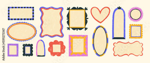 Funky multi colored decorative frames with crayon drawn texture. Playful abstract whimsical borders.