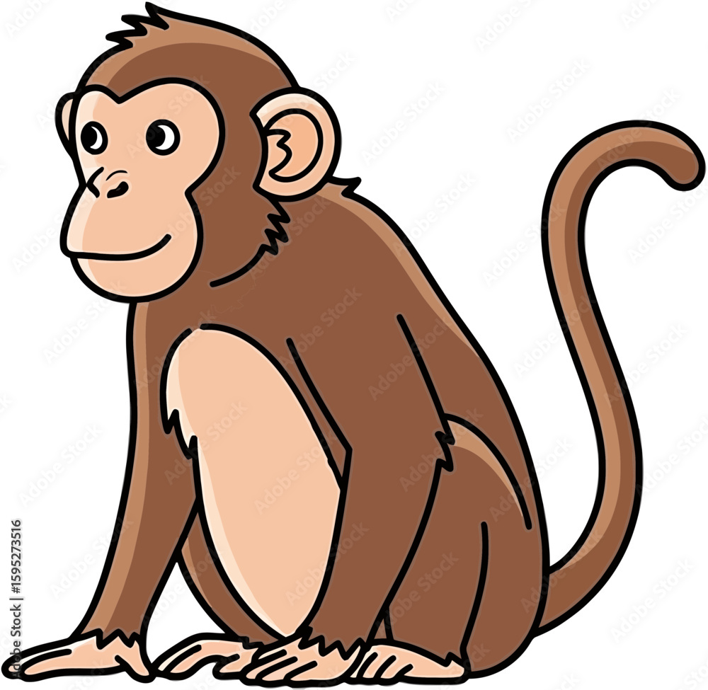 Fototapeta premium Illustration of a Sitting Cartoon Monkey with a Friendly Expression and Curled Tail