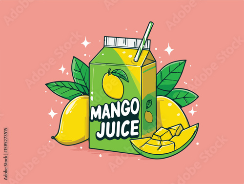 Editable cartoon vector of mango juice box. Fresh and healthy drink design, perfect for kids, packaging, advertising, and digital illustrations