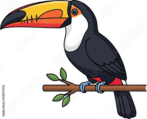 Vibrant Cartoon Toucan Illustration Perched on Branch with Distinctive Beak and Colorful Plumage