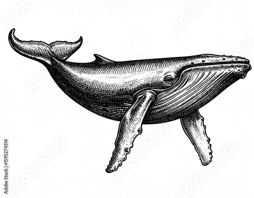 Detailed ink drawing of a whale