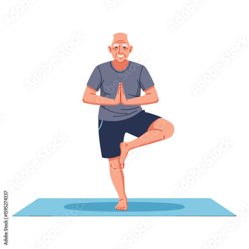Elderly Man Practicing Yoga Tree Pose on a Mat