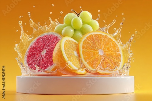 Sliced fruits with splash on a white platform with orange bg