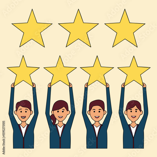 Four people holding up five stars in a review rating