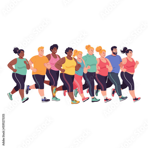 Diverse Plus-Size People Group Jogging Illustration