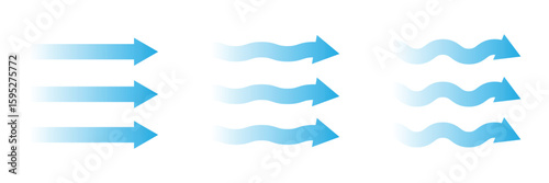 Air flow. Set of blue arrows showing direction of air movement. Wind direction arrows. Blue cold fresh stream from the conditioner. Vector illustration isolated on white background.  EPS 10 .