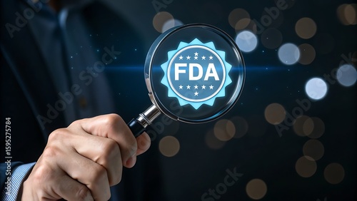 Magnifying glass inspecting fda seal symbolizing regulatory oversight and quality assurance in healthcare