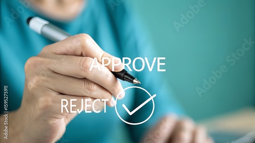 Person making a decision by approving or rejecting with a checkmark symbolizing choice and confirmation