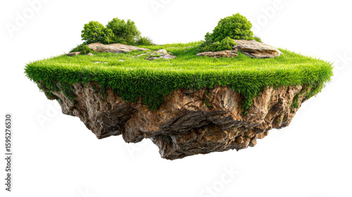 Floating Island of Serenity: A surreal, verdant landscape, an island of lush grass, rugged rock, and vibrant greenery gracefully floats in the air, embodying the pure beauty of nature.