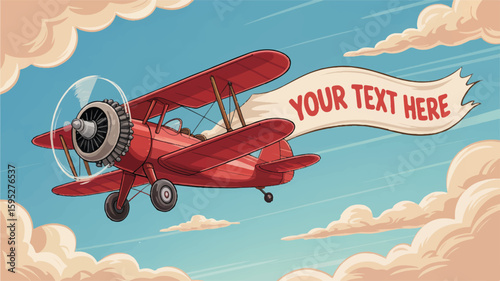 Red biplane flying through clouds with banner airplane
