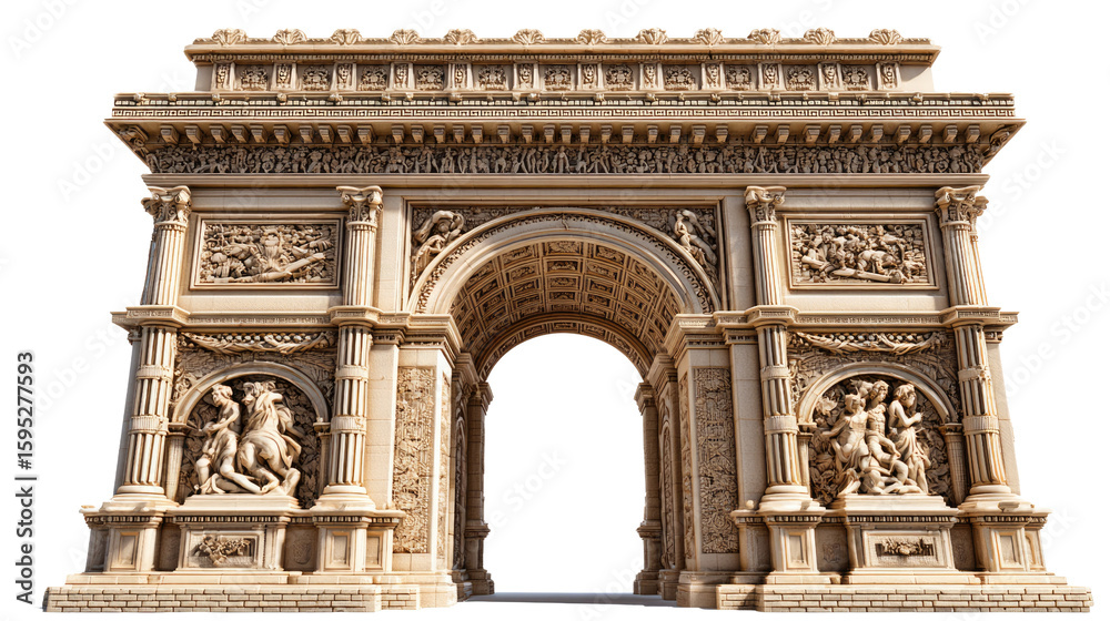 Fototapeta premium Triumphal Arch: A monumental structure of architectural wonder and grandeur. Exuding timeless beauty, the intricate design and the sheer scale of this building evoke a sense of wonder and admiration.
