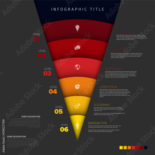 A multi-level funnel infographic template with vibrant color-coded stages and icons, for business processes. Funnel infographic template perfect for presenting marketing funnels, sales pipelines