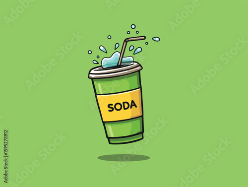 Editable cartoon vector of floating soda cup with splash. Fizzy drink spilling out, symbolizing unhealthy fast food beverage. Fun, dynamic, and eye-catching design