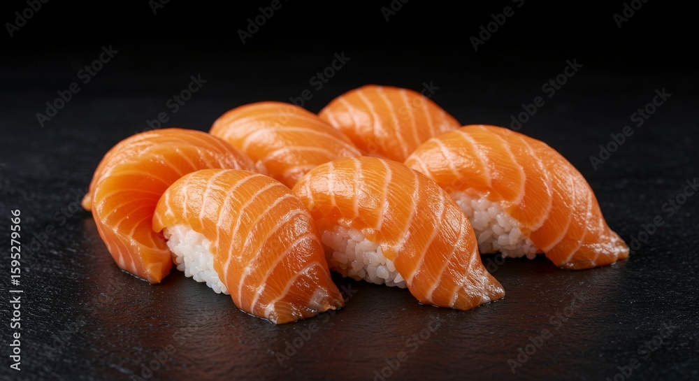 Salmon Sushi Nigiri Pieces on Dark Background Still Life Salmon Sushi Nigiri Pieces on Dark Background Still Life