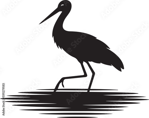 stork silhouette vector icon, vector illustration of stork icon, symbol of standing stork, black and white stork isolated on white background.