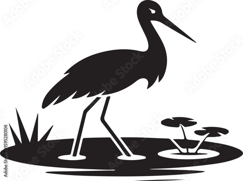 stork silhouette vector icon, vector illustration of stork icon, symbol of standing stork, black and white stork isolated on white background.