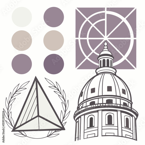 Architectural dome and geometric design with color swatches architecture building