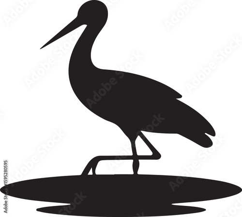 stork silhouette vector icon, vector illustration of stork icon, symbol of standing stork, black and white stork isolated on white background.