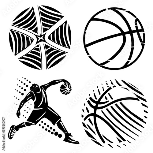 Basketball player dribbling with abstract circular designs action sport