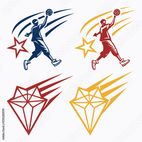 Basketball player dunking with stars and geometric shapes action sport