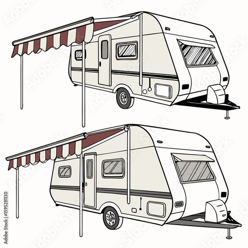 Beige caravan with striped awning and open window camper travel trailer