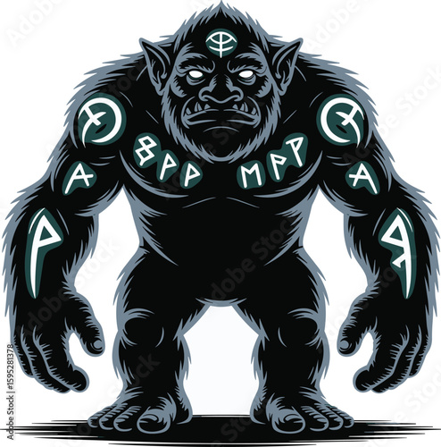 Illustration of a fearsome mythical creature with runes and tribal art
