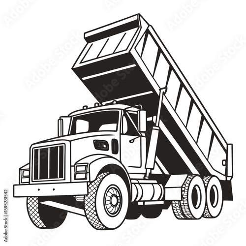 Black and white dump truck with raised bed construction vehicle heavy equipment
