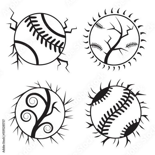 Abstract baseball designs with cracked and thorny elements