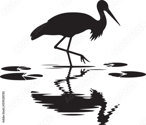 stork silhouette vector icon, vector illustration of stork icon, symbol of standing stork, black and white stork isolated on white background.
