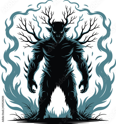 Powerful silhouette of a forest god surrounded by swirling smoke and antler horns