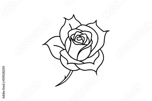 Elegant rose illustration with bold black outlines perfect for tattoo design coloring pages or graphic elements showcasing a classic floral motif on a clean white