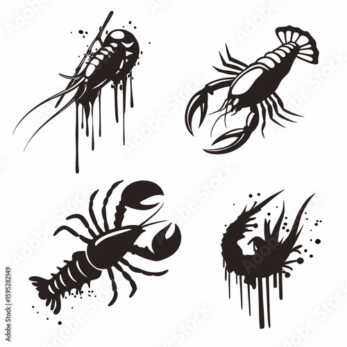 Black crustacean silhouettes with dripping ink effect lobster crayfish