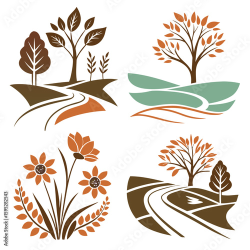 Autumnal landscapes and floral elements trees leaves