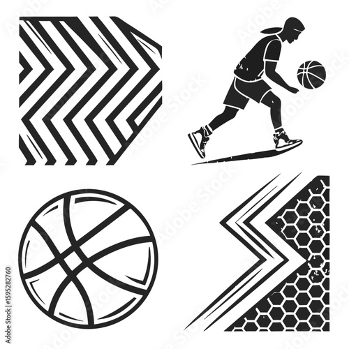 Basketball player dribbling with abstract patterns